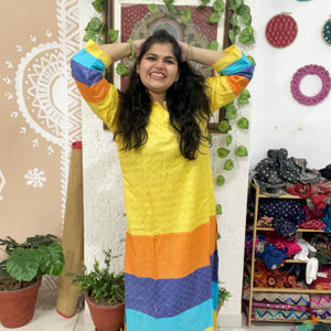 Yellow Bhagalpuri Cotton Silk Colour Block Kurti