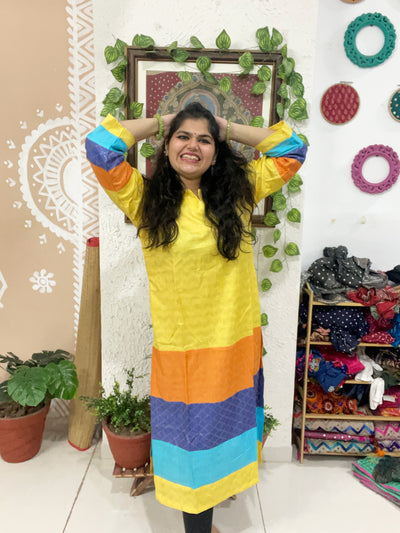 Yellow Bhagalpuri Cotton Silk Colour Block Kurti