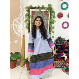 Grey Bhagalpuri Cotton Silk Colour Block Kurti