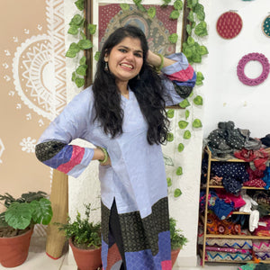 Grey Bhagalpuri Cotton Silk Colour Block Kurti