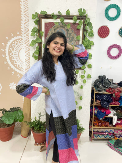 Grey Bhagalpuri Cotton Silk Colour Block Kurti