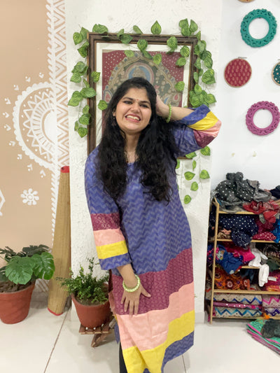 Purple Bhagalpuri Cotton Silk Colour Block Kurti