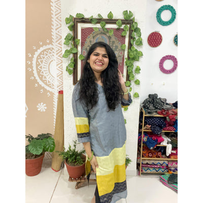 Grey Bhagalpuri Cotton Silk Colour Block Kurti