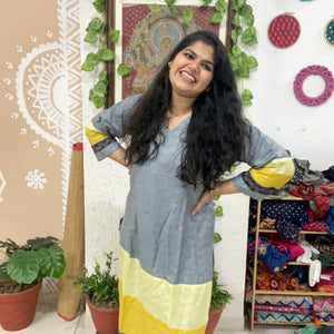 Grey Bhagalpuri Cotton Silk Colour Block Kurti