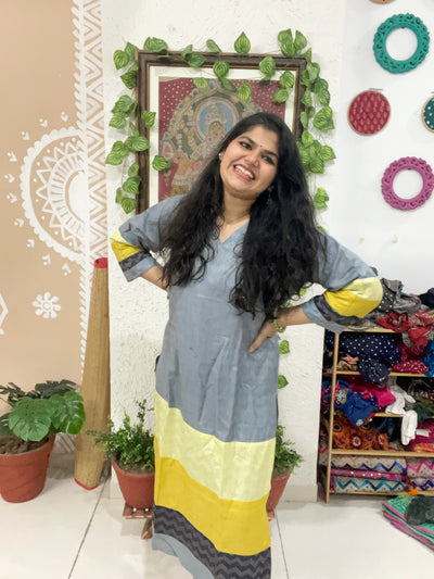 Grey Bhagalpuri Cotton Silk Colour Block Kurti