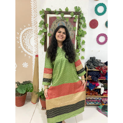 Green Bhagalpuri Cotton Silk Colour Block Kurti
