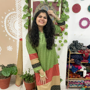 Green Bhagalpuri Cotton Silk Colour Block Kurti