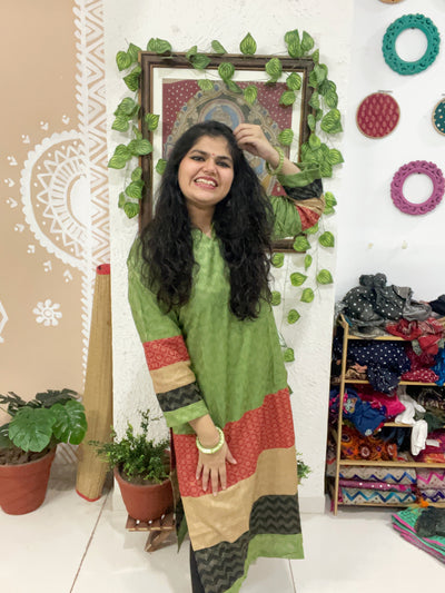 Green Bhagalpuri Cotton Silk Colour Block Kurti