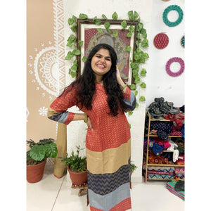 Red Bhagalpuri Cotton Silk Colour Block Kurti