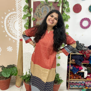 Red Bhagalpuri Cotton Silk Colour Block Kurti