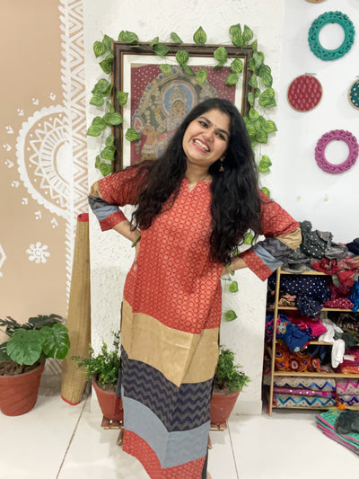 Red Bhagalpuri Cotton Silk Colour Block Kurti