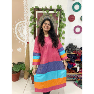Pink Bhagalpuri Cotton Silk Colour Block Kurti