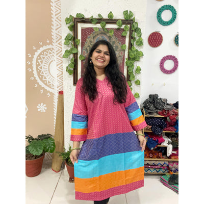 Pink Bhagalpuri Cotton Silk Colour Block Kurti