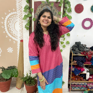 Pink Bhagalpuri Cotton Silk Colour Block Kurti