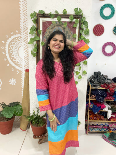 Pink Bhagalpuri Cotton Silk Colour Block Kurti
