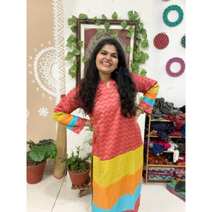 Red Bhagalpuri Cotton Silk Colour Block Kurti