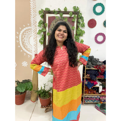 Red Bhagalpuri Cotton Silk Colour Block Kurti