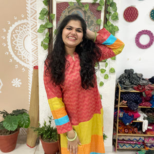 Red Bhagalpuri Cotton Silk Colour Block Kurti