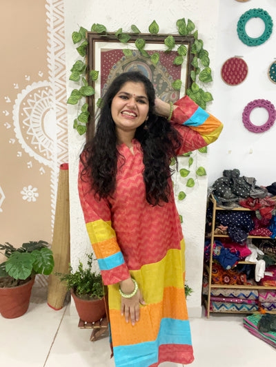 Red Bhagalpuri Cotton Silk Colour Block Kurti