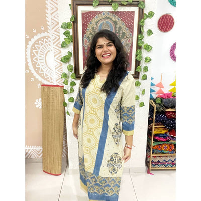 Cream Ajrakh Designer Block Print Kurti