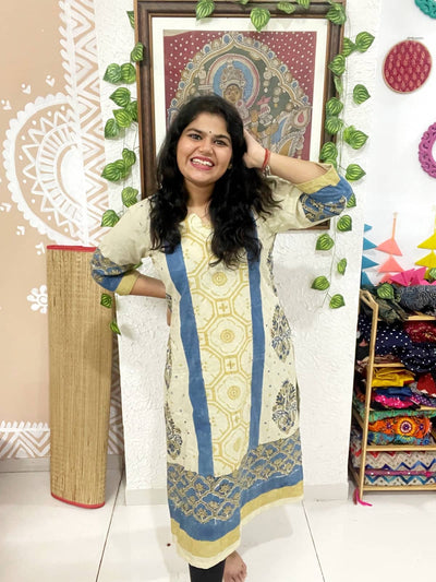 Cream Ajrakh Designer Block Print Kurti