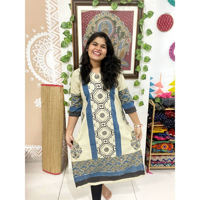 Cream Ajrakh Designer Block Print Kurti