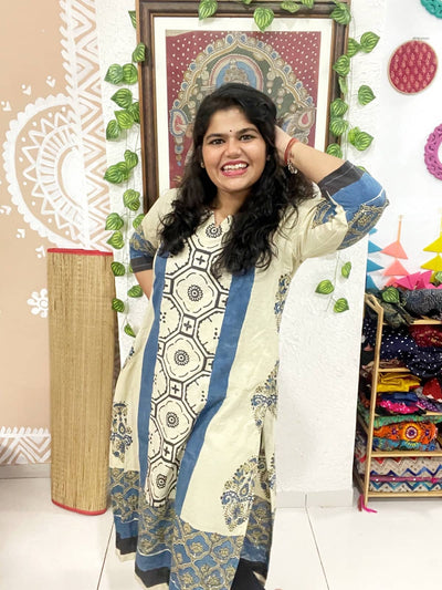 Cream Ajrakh Designer Block Print Kurti