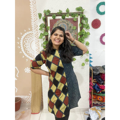 Green Ajrakh Half-Half Cotton Shirt Dress