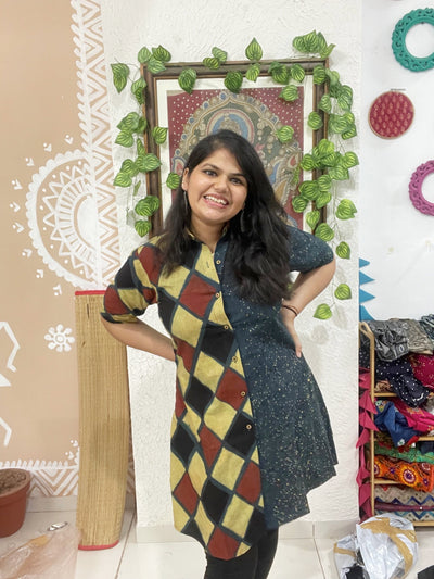 Green Ajrakh Half-Half Cotton Shirt Dress