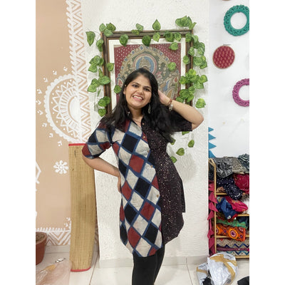 Indigo Ajrakh Half-Half Cotton Shirt Dress