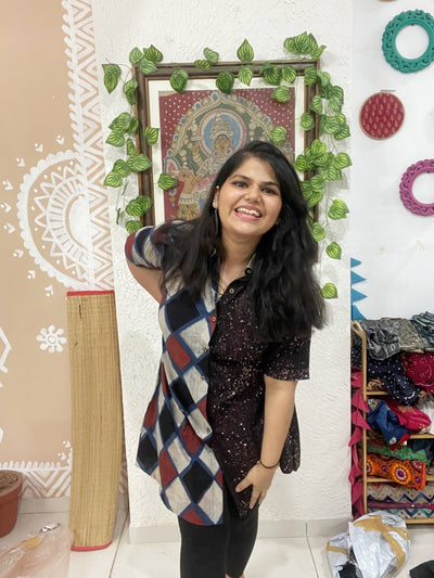 Indigo Ajrakh Half-Half Cotton Shirt Dress