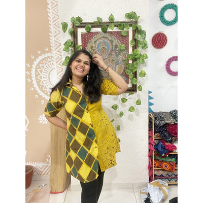 Yellow Ajrakh Half-Half Cotton Shirt Dress