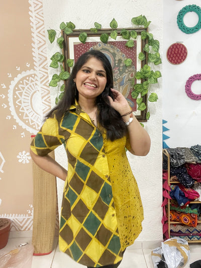 Yellow Ajrakh Half-Half Cotton Shirt Dress