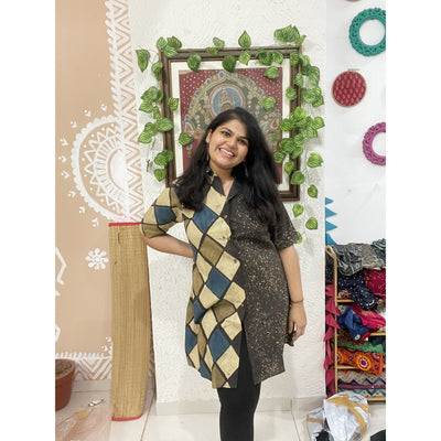 Carbon Ajrakh Half-Half Cotton Shirt Dress
