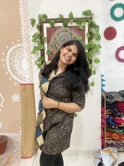 Carbon Ajrakh Half-Half Cotton Shirt Dress