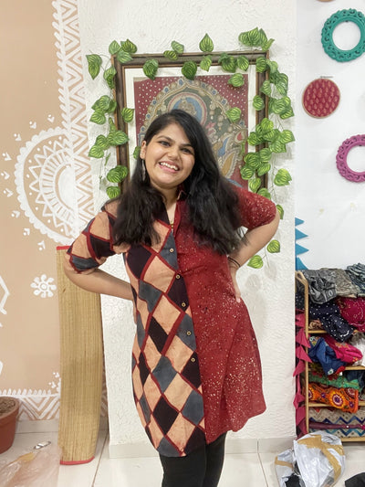 Madder Ajrakh Half-Half Cotton Shirt Dress