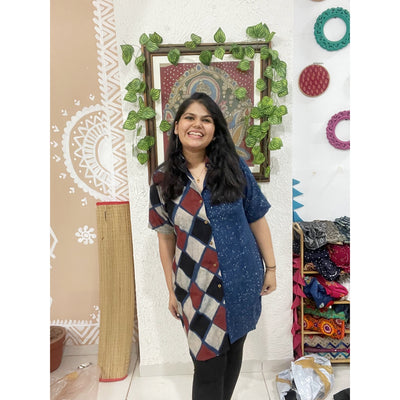 Indigo Ajrakh Half-Half Cotton Shirt Dress