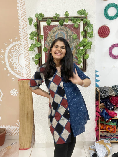 Indigo Ajrakh Half-Half Cotton Shirt Dress