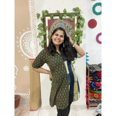 Green Ajrakh Half-Half Cotton Shirt Dress
