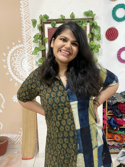 Green Ajrakh Half-Half Cotton Shirt Dress