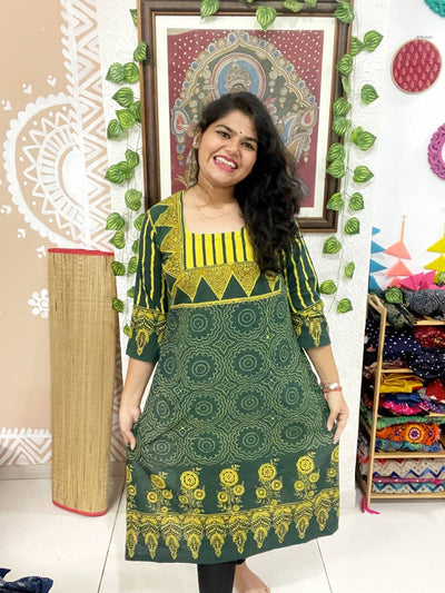 Green Ajrakh Designer Block Print Kurti