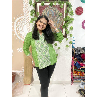 Green Sanganeri Cotton Panelled Top