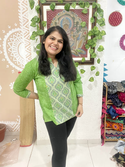Green Sanganeri Cotton Panelled Top