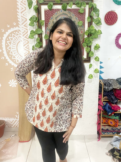 Grey Sanganeri Cotton Panelled Top