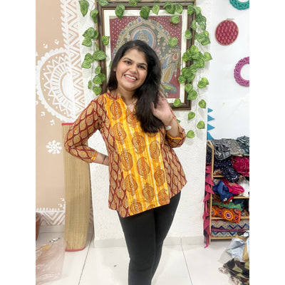 Maroon Sanganeri Cotton Panelled Top