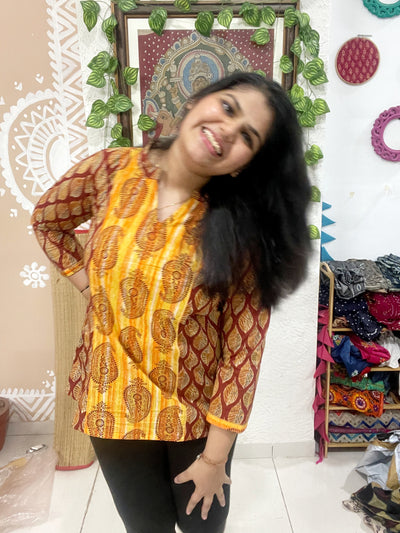 Maroon Sanganeri Cotton Panelled Top