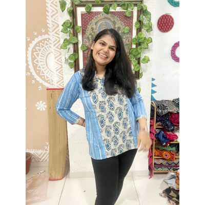 Blue Sanganeri Cotton Panelled Top