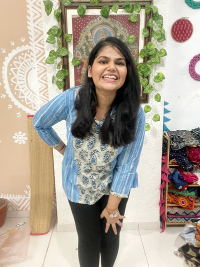 Blue Sanganeri Cotton Panelled Top