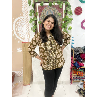 Olive Sanganeri Cotton Panelled Top