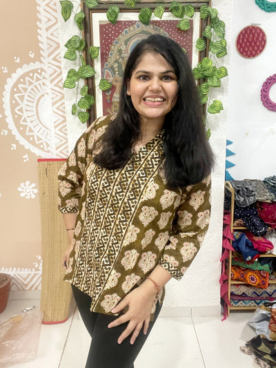 Olive Sanganeri Cotton Panelled Top